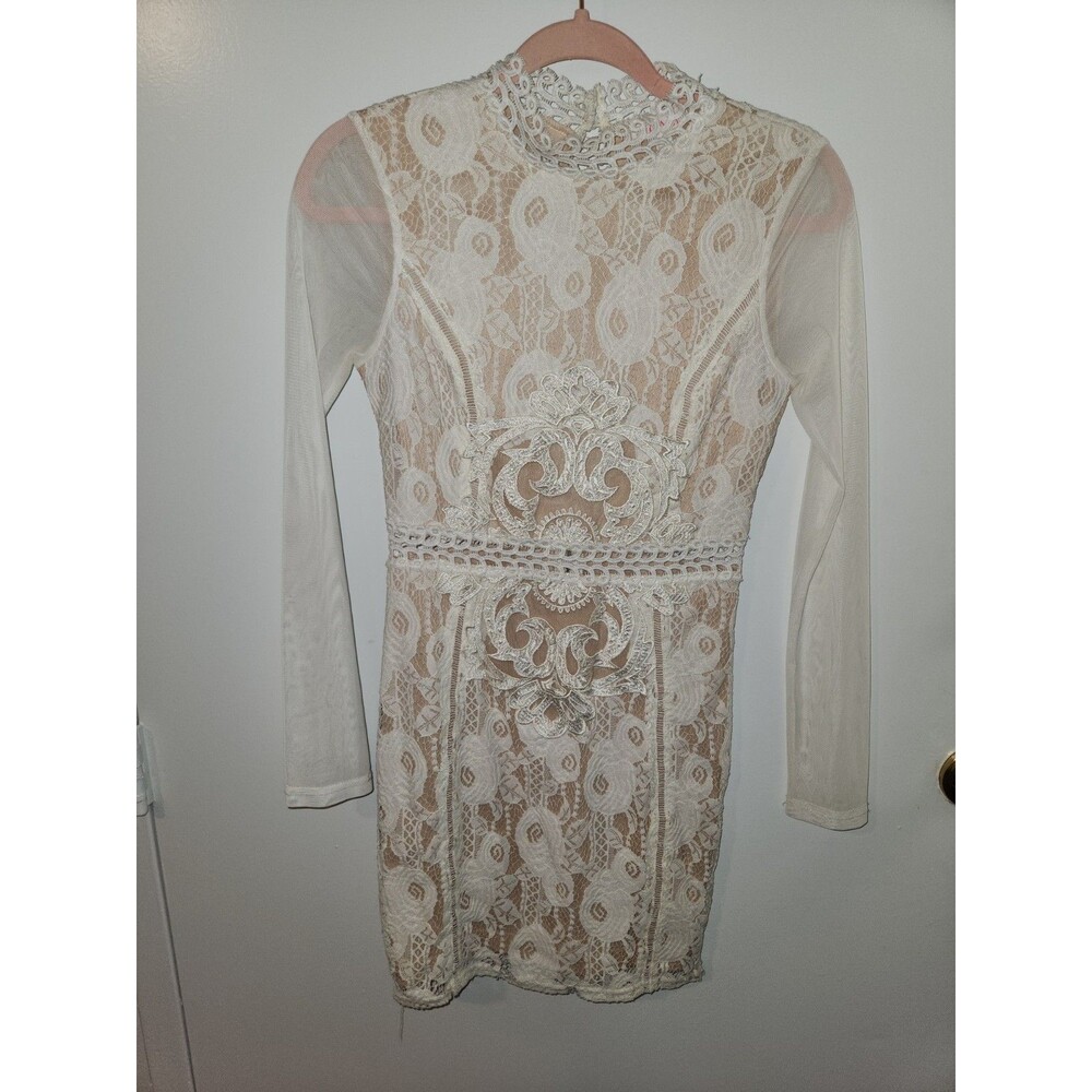 A'gaci Womens Sz S White Lace Mesh Sleeve Dress Bride to Be Bachelorette